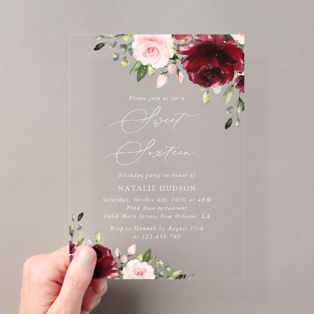 Invitations En Acrylique Fleurs de Bourgogne, Fleurs Roses, Bohème, Sweet 1 (In situ (ordinateur de poche))