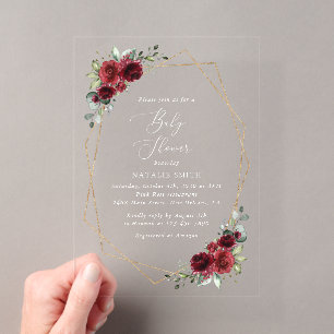 Invitations En Acrylique Fleurs de Bourgogne, Fleurs Rouges, Baby Shower