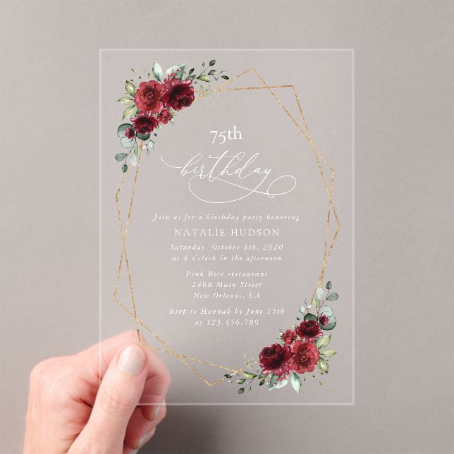 Invitations En Acrylique Fleurs de Bourgogne, Fleurs Rouges, Boho, Annivers (In situ (ordinateur de poche))