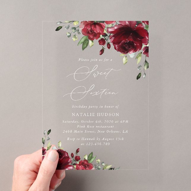 Invitations En Acrylique Fleurs de Bourgogne, Fleurs Rouges, Verdure, Sweet (In situ (ordinateur de poche))