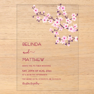 Invitations En Acrylique Fleurs de cerisier rose clair mariage casual éléga