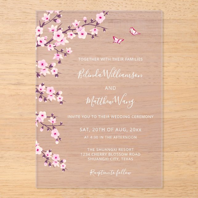 Invitations En Acrylique Fleurs de cerisier roses mariage transparent (Recto)