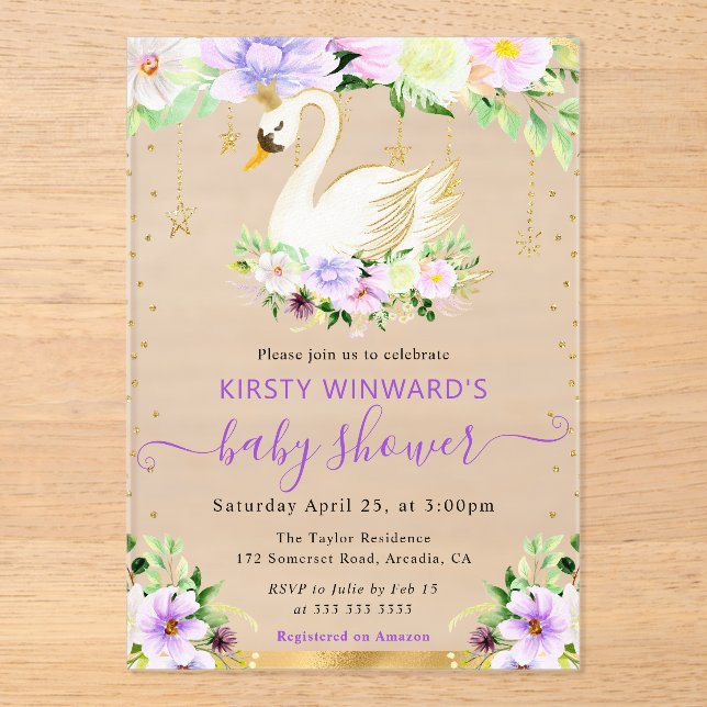 Invitations En Acrylique Fleurs de couleur pourpre et crème à l'aquarelle C (Recto)