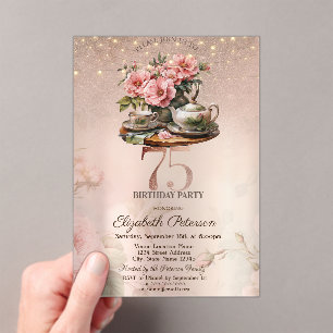 Invitations En Acrylique Fleurs de coupe de thé pailletées Rose Gold 75e An