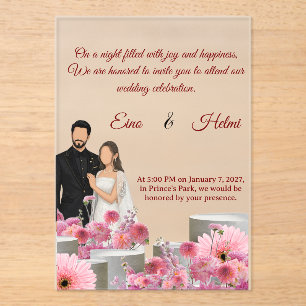 Invitations En Acrylique Fleurs de Couple Personnalisées – Fleurs Roses et 