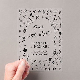Invitations En Acrylique Fleurs de croquis dessinées à la main pour mariage