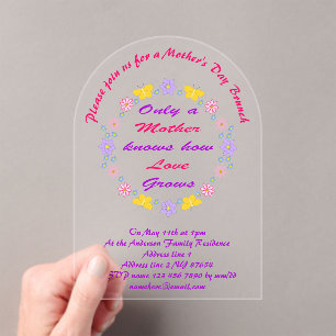 Invitations En Acrylique Fleurs de Fête des mères et papillons Brunch perso