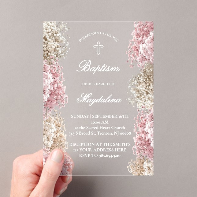 Invitations En Acrylique Fleurs de Gypsophile | Baptême de bébé fille (In situ (ordinateur de poche))