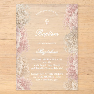 Invitations En Acrylique Fleurs de Gypsophile Baptême de bébé fille