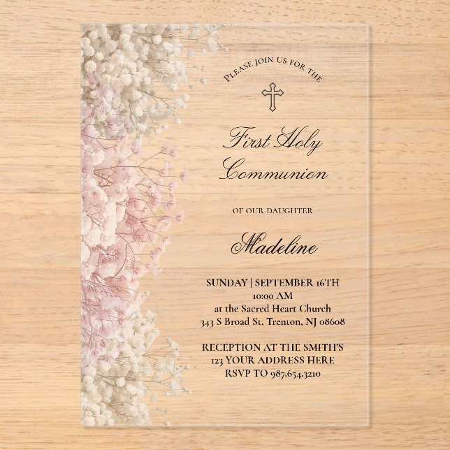 Invitations En Acrylique fleurs de Gypsophile première communion (Recto)