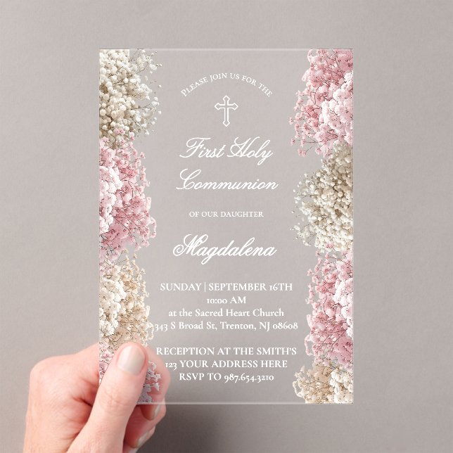 Invitations En Acrylique Fleurs de Gypsophile | Première Communion (In situ (ordinateur de poche))