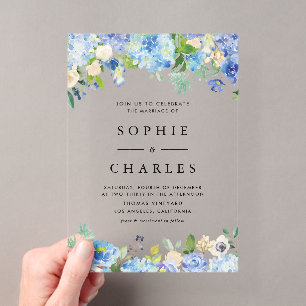 Invitations En Acrylique Fleurs de Hortensia Bleu à l'Aquarelle Mariage
