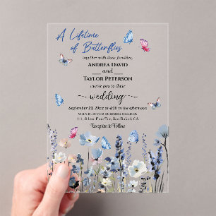 Invitations En Acrylique Fleurs de Jacinthe Papillons Mariage