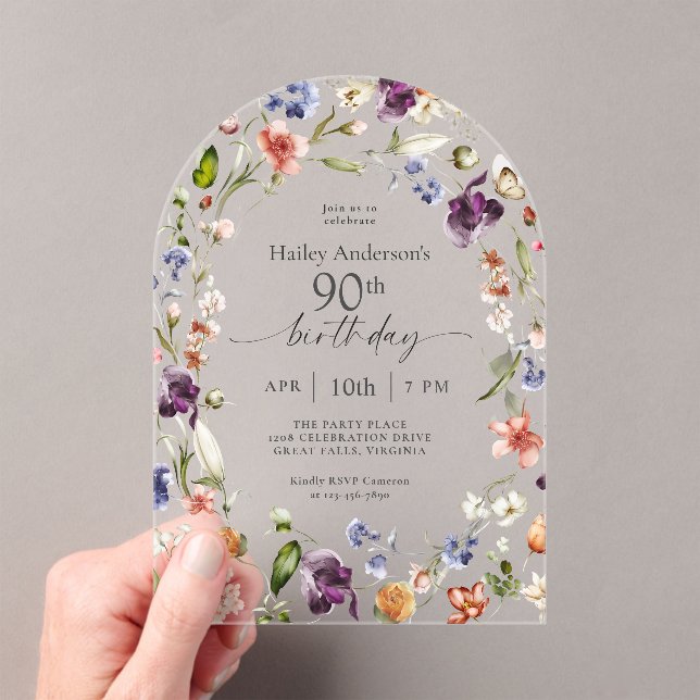 Invitations En Acrylique Fleurs de jardin Script botanique 90e anniversaire (In situ (ordinateur de poche))