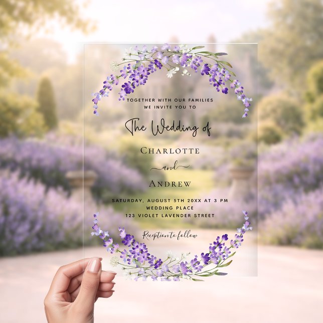 Invitations En Acrylique Fleurs de lavande violet mariage clair (Créateur téléchargé)
