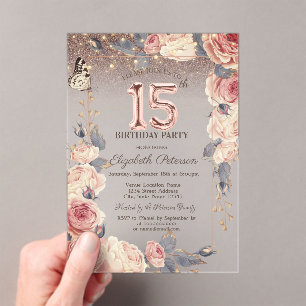 Invitations En Acrylique Fleurs de Luxe, Papillon, Lumières 15e Anniversair