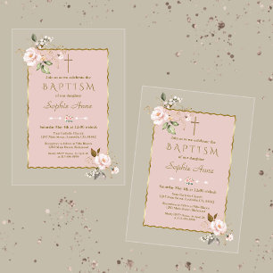 Invitations En Acrylique Fleurs de luxe rose blush or fille baptême