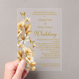 Invitations En Acrylique Fleurs de mariage élégantes papillons blanc or