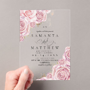 Invitations En Acrylique Fleurs de mariage élégantes Roses roses et poussiè