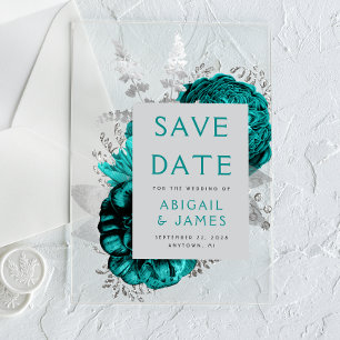 Invitations En Acrylique Fleurs de mariage sarcelle argentée, Économisez la