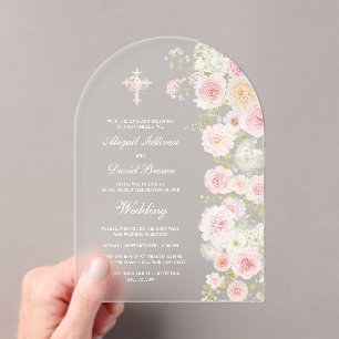 Invitations En Acrylique Fleurs de Pêcher Rose Arch Mariage Religieux