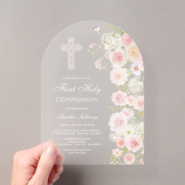 Invitations En Acrylique Fleurs de Pêcher Rose Arch Première Communion (In situ (ordinateur de poche))