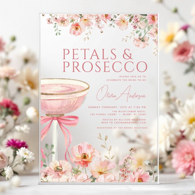 Invitations En Acrylique Fleurs de Pétale Rose & Prosecco Blush Enterrement (Créateur téléchargé)