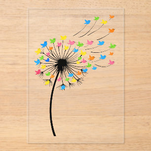 Invitations En Acrylique Fleurs de pissenlit en vol d'oiseaux colorés