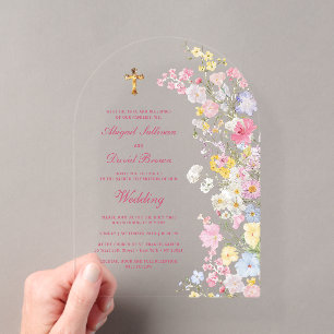 Invitations En Acrylique Fleurs de Prairie Arche Mariage Religieux