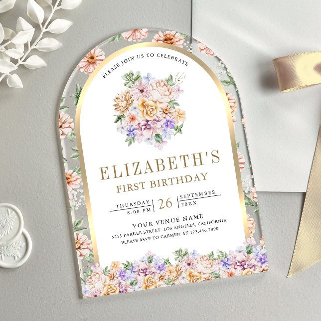 Invitations En Acrylique Fleurs de printemps à l'aquarelle Arche dorée Prem (Créateur téléchargé)