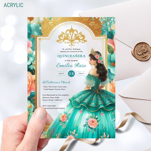 Invitations En Acrylique Fleurs de Quinceañera sarcelle vert or (Créateur téléchargé)