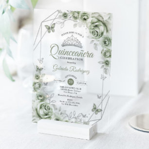 Invitations En Acrylique Fleurs de Quinceanera Vert Sauge Argent