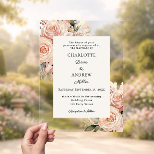 Invitations En Acrylique Fleurs de rose poussiéreuse ivoire luxe mariage