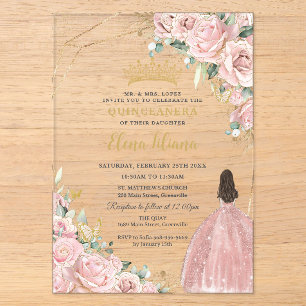 Invitations En Acrylique Fleurs de roses rose pâle Quinceanera Sweet 16