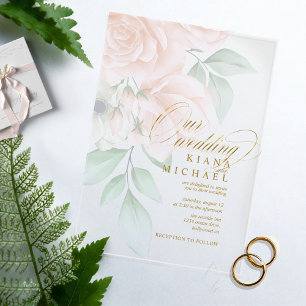 Invitations En Acrylique Fleurs de roses rose tendre Mariage Transparent ID