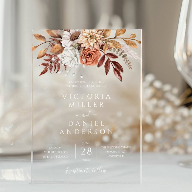 Invitations En Acrylique Fleurs de rouille en terre cuite Boho Mariage de f (Créateur téléchargé)