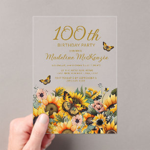 Invitations En Acrylique Fleurs de soleil papillons 100e fête d'anniversair