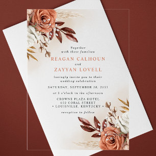 Invitations En Acrylique Fleurs de Terracotta Rustiques et Mariage d'Herbe