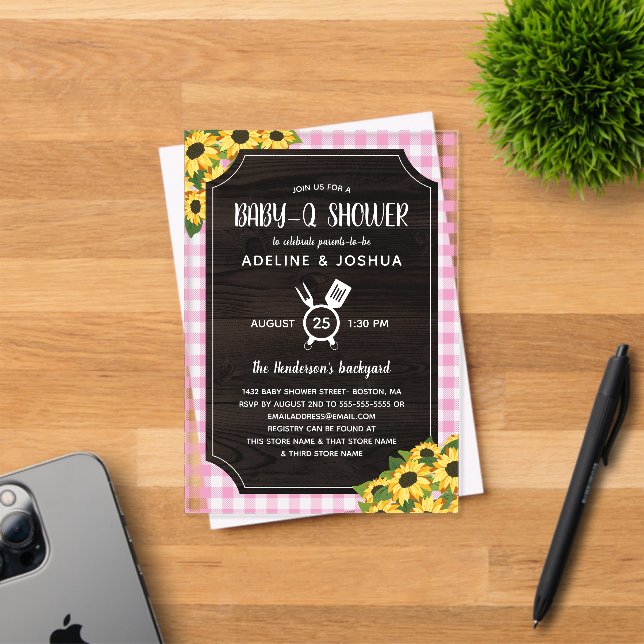 Invitations En Acrylique Fleurs de tournesol gingham rose rustique Fille Ba (Insitu (Carte d'invitation))