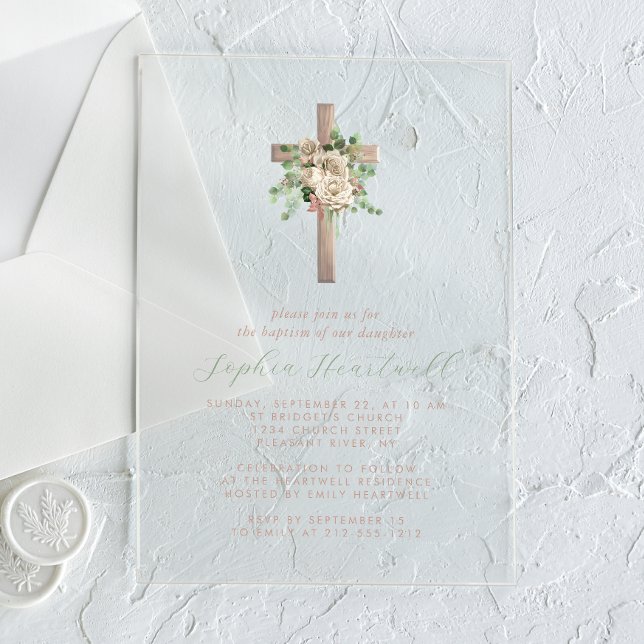 Invitations En Acrylique Fleurs de verdure croix de rose d'ivoire or rose b (Créateur téléchargé)