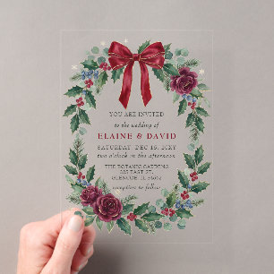 Invitations En Acrylique Fleurs d'hiver de Noël avec ruban rouge pour maria