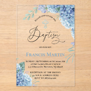 Invitations En Acrylique Fleurs d'hortensia Baptême
