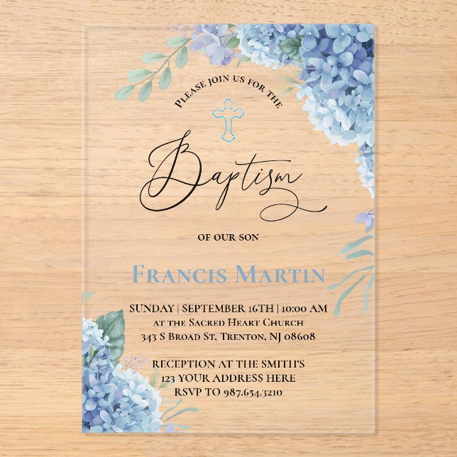 Invitations En Acrylique Fleurs d'hortensia Baptême (Recto)
