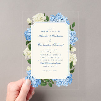 Invitations En Acrylique Fleurs d'hortensia bleues et roses blanches pour u