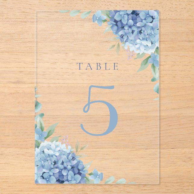 Invitations En Acrylique fleurs d'hortensia bleues table 5 (Recto)