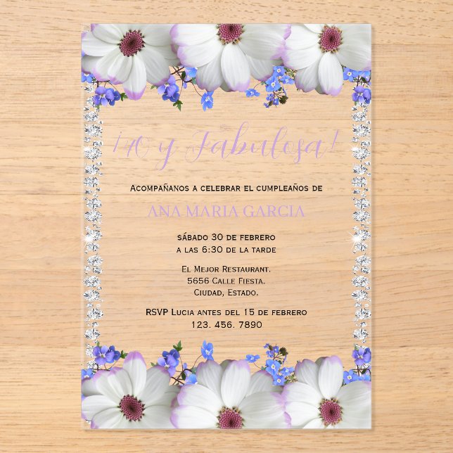 Invitations En Acrylique Fleurs & Diamants 40e Anniversaire Espagnol (Recto)