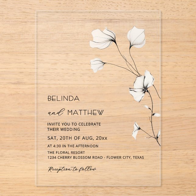 Invitations En Acrylique Fleurs d'Ivoire Vert Sauge Mariage Décontracté (Recto)