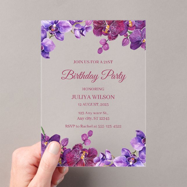 Invitations En Acrylique Fleurs d'orchidées Fête d'anniversaire (In situ (ordinateur de poche))