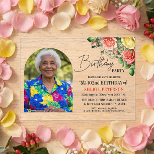 Invitations En Acrylique Fleurs élégantes avec photo pour les 102 ans