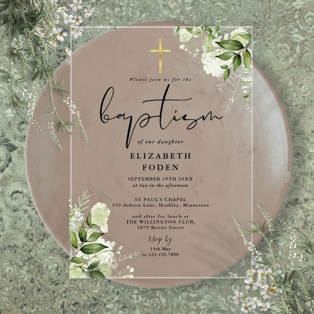 Invitations En Acrylique Fleurs Élégantes Modernes de Verdure Rustique pour (Rustic Greenery Floral Elegant Modern Baptism Acrylic Invitations)